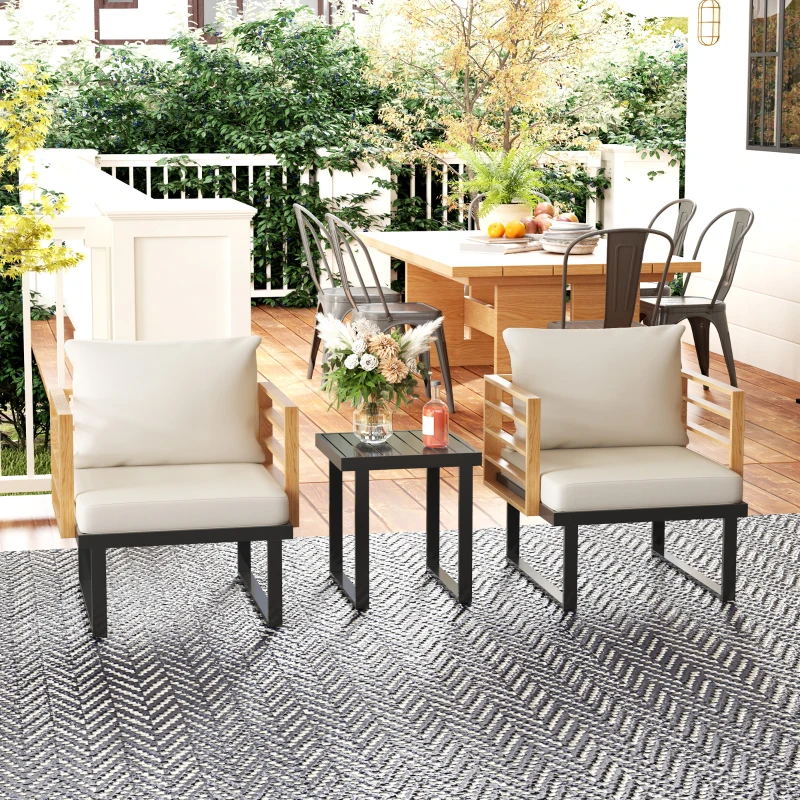 Outsunny 3 Piece Metal Bistro Set, Small Patio Furniture Set with Cushions, Armchairs, Slatted Table for Backyard Balcony, Beige