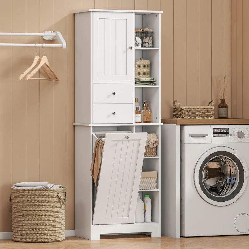 HOMCOM 67" Tall Bathroom Storage Cabinet, Slim Bathroom Cabinet with Tilt-Out Laundry Basket, White