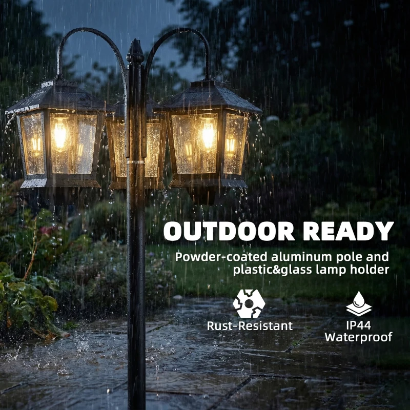 Outsunny 74" 3-Head Solar Lamp Post Light, Waterproof LED Solar Light Posts with Automatic Dusk-to-Dawn Sensor, IP44 Waterproof