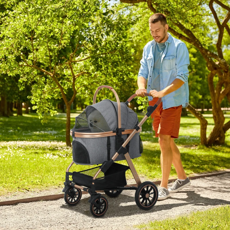 PawHut 3 in 1 Dog Stroller with Detachable Cabin, 4 Wheel Folding Lightweight Pet Stroller for Small Dogs, Gray