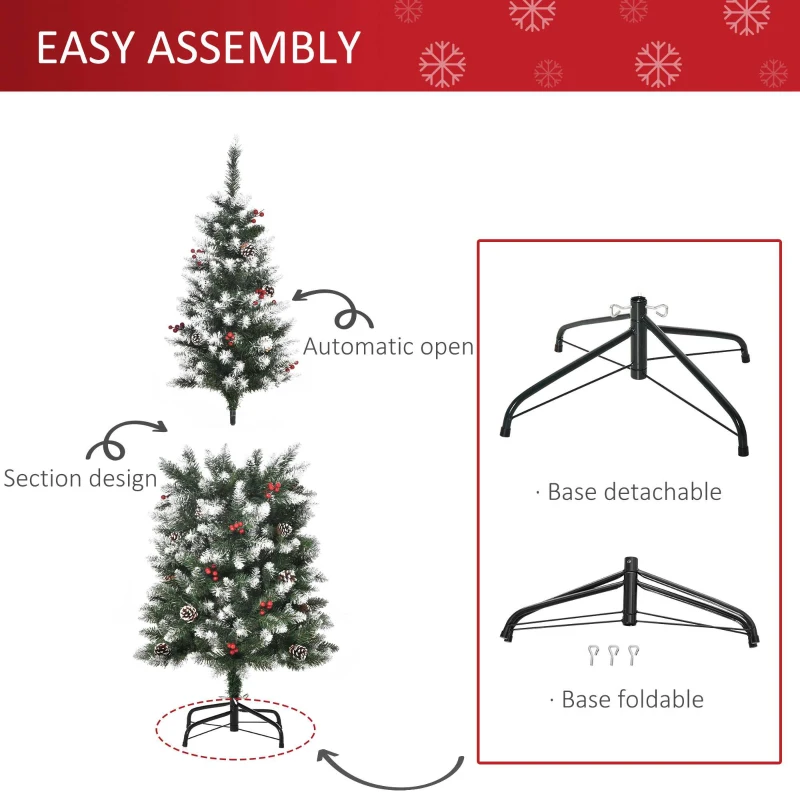 HOMCOM 5ft Decorated Christmas Tree with Red Berries and Pine Cones, Flocked Christmas Tree with Pencil Shape, Green