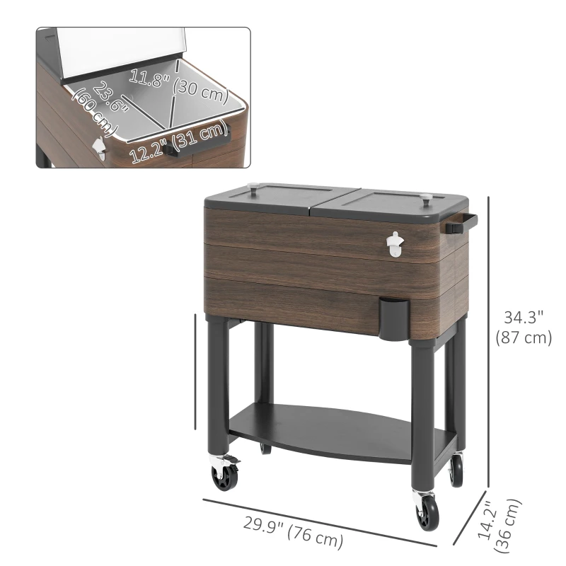Outsunny Patio Cooler, 60qt Portable Outdoor Cooler with Locking Wheels, Storage Shelf, Bottle Opener for Patio Backyard, Brown