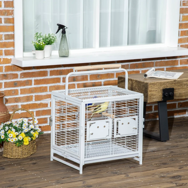 PawHut 18" Heavy Duty Wrought Iron Travel Bird Cage Carrier With Handle Perch And Accessories - White