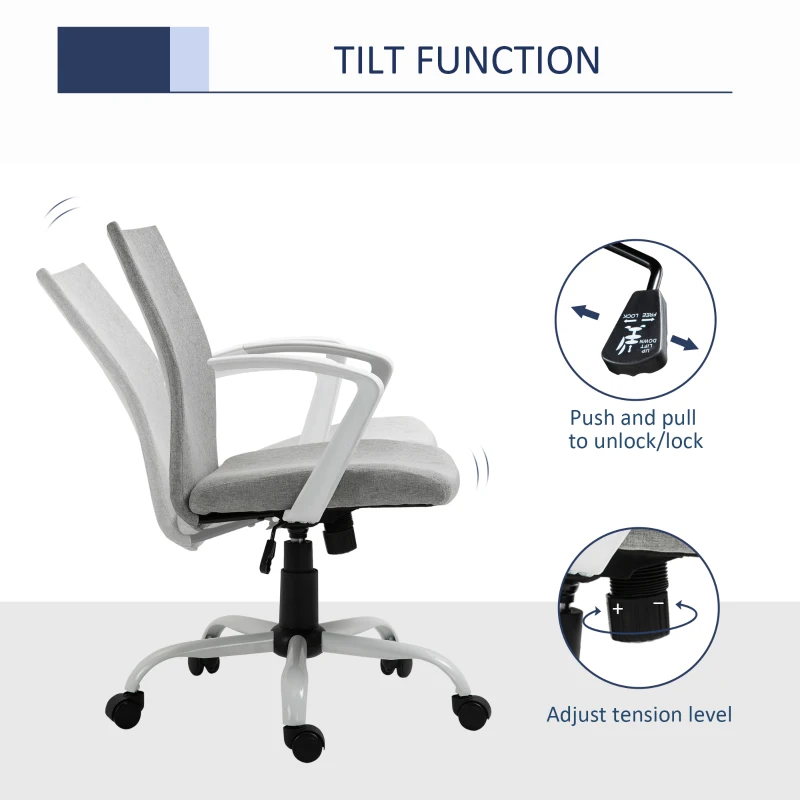 Vinsetto Linen Mid Back Office Chair With Tilt Function, Swivel Computer Chair, Light Grey