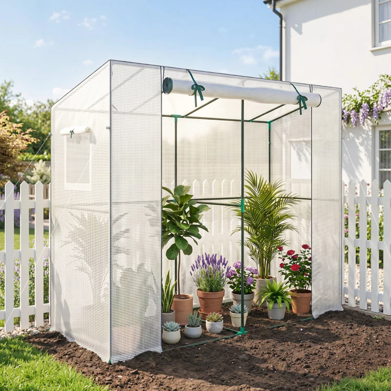 Outsunny Walk-in Portable Greenhouse Small Greenhouse for Outdoors with UV-resistant PE Cover, 6.6' x 2.5' x 5.6' White