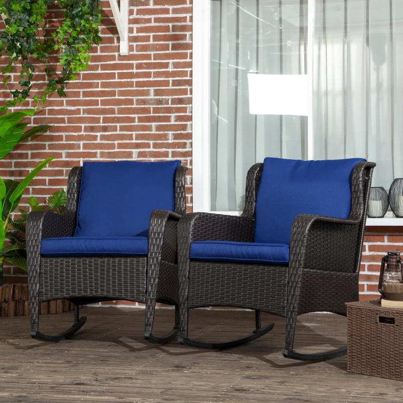 Outsunny 2 Piece Outdoor Wicker Rocking Chairs, Rattan Rockers with Cushions, Steel Frame for Patio, Garden, Backyard, Dark Blue