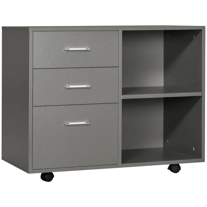 HOMCOM Modern Lateral Filing Cabinet, 3 Drawer File Cabinet for Home Office, Mobile, Printer Stand with Open Shelves, Rolling Wheels, Grey
