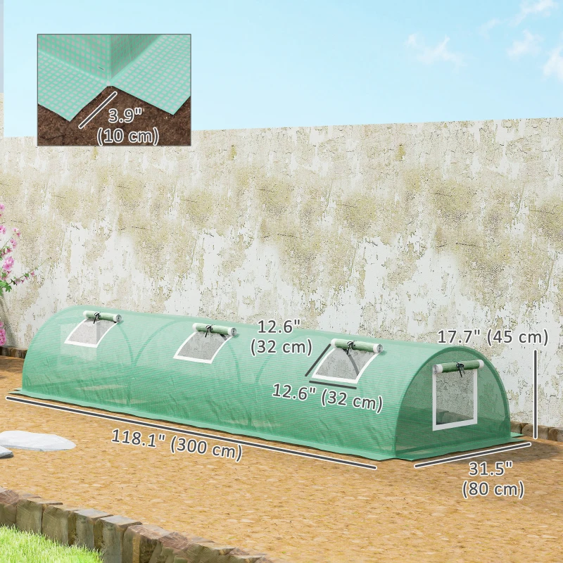 Outsunny Portable Mini Greenhouse, Tunnel Growing Tent with 5 Mesh Windows and Steel Frame,10' x 3' x 2', Green