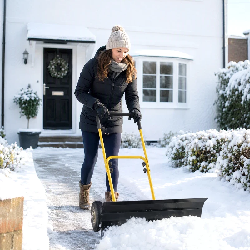Outsunny Snow Shovel with Wheels, 29" x 16.5" Metal Snow Pusher with Adjustable Handle, 5-Angle Blade for Driveway, Yellow