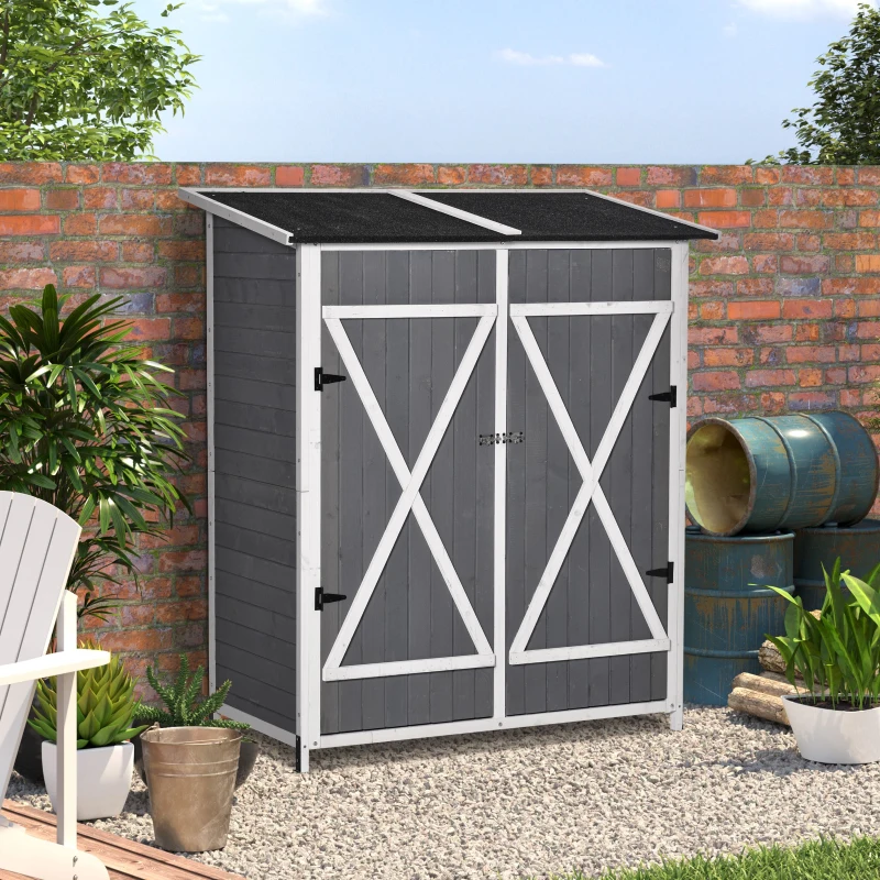 Outsunny 54.75''x29.5''x63'' Garden Storage Shed Asphalt Roof Wooden Timber Double Door Utility Storage House w/ Movable Shelf & Fixed Fittings