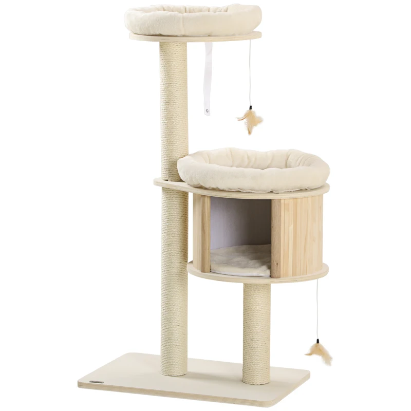 PawHut Cat Tree, 3 Level Cat Tower with Scratching Posts, Bed, Condo, Badminton Toys, for Multiple Kittens