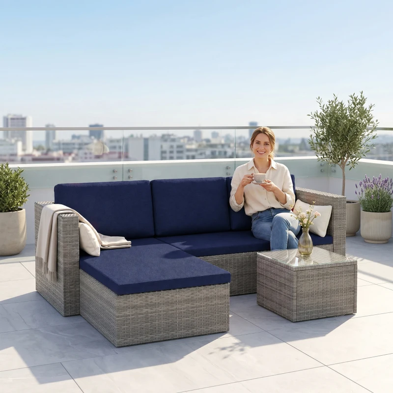 Outsunny 3pcs Modern Rattan Sofa Set, Wicker Patio Furniture Set with Coffee Table, Cushions, Pillows
