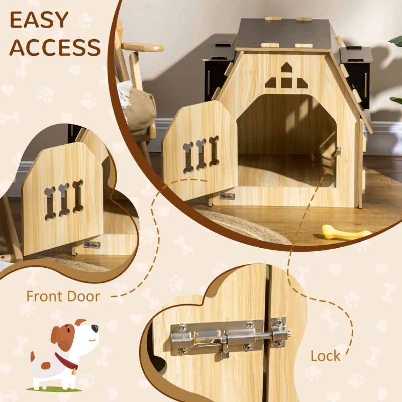 PawHut Cottage Design Small Dog House Indoor with Roomy Interior, Cute Wooden Pet Homee with Windows, Lockable Door with Bone Shape, for Small Sized Dog, Oak