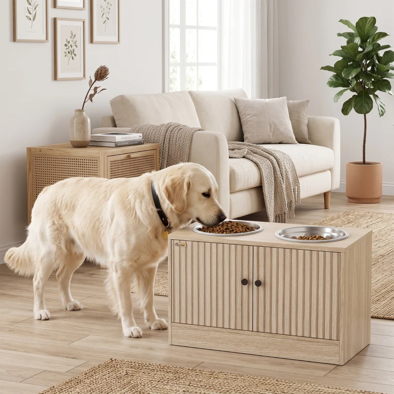 PawHut Elevated Dog Bowls with Storage Cabinet,  2 Stainless Steel Bowls, Slow Feeder, Dog Feeding Station for Large Dogs, Oak