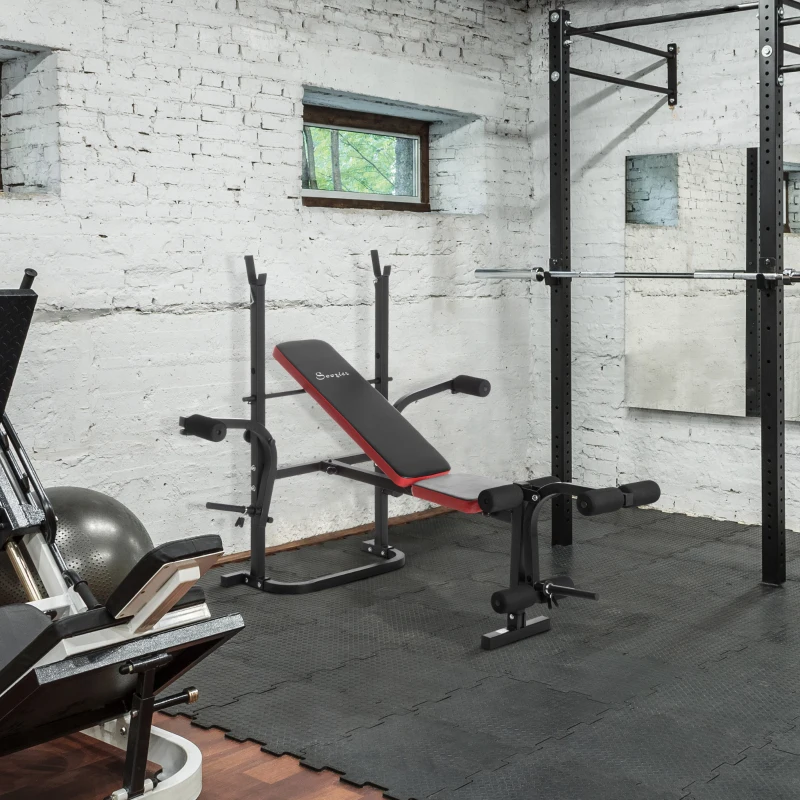 Soozier Adjustable Weight Bench with Leg Developer Barbell Rack for Weight Lifting and Strength Training