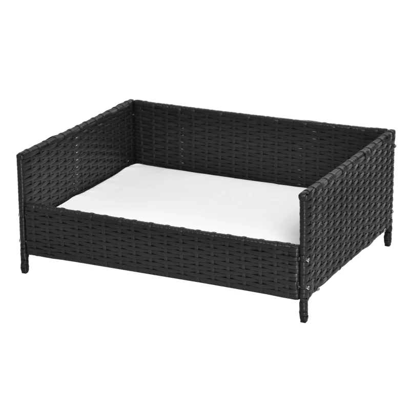 PawHut Rattan Pet Bed Raised Wicker Dog House Small animal Sofa Indoor & Outdoor with Soft Washable Cushion Black