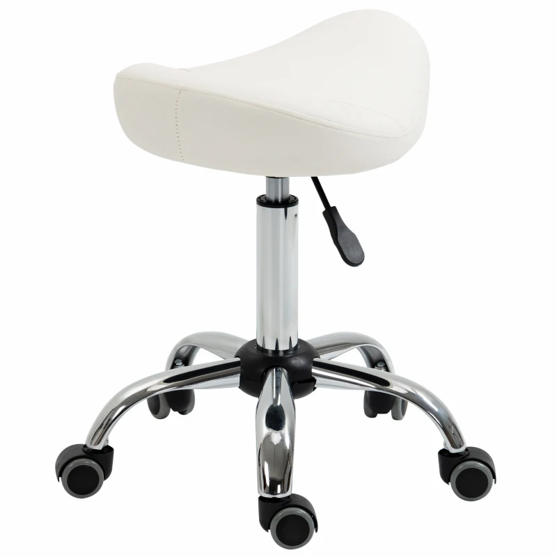 HOMCOM Ergonomic Saddle Stool with Wheels, Adjustable PU Leather Saddle Chair, 360° Swivel, NO Back Pain, Healthy Posture, Salon Chair for Massage Medical Home, White