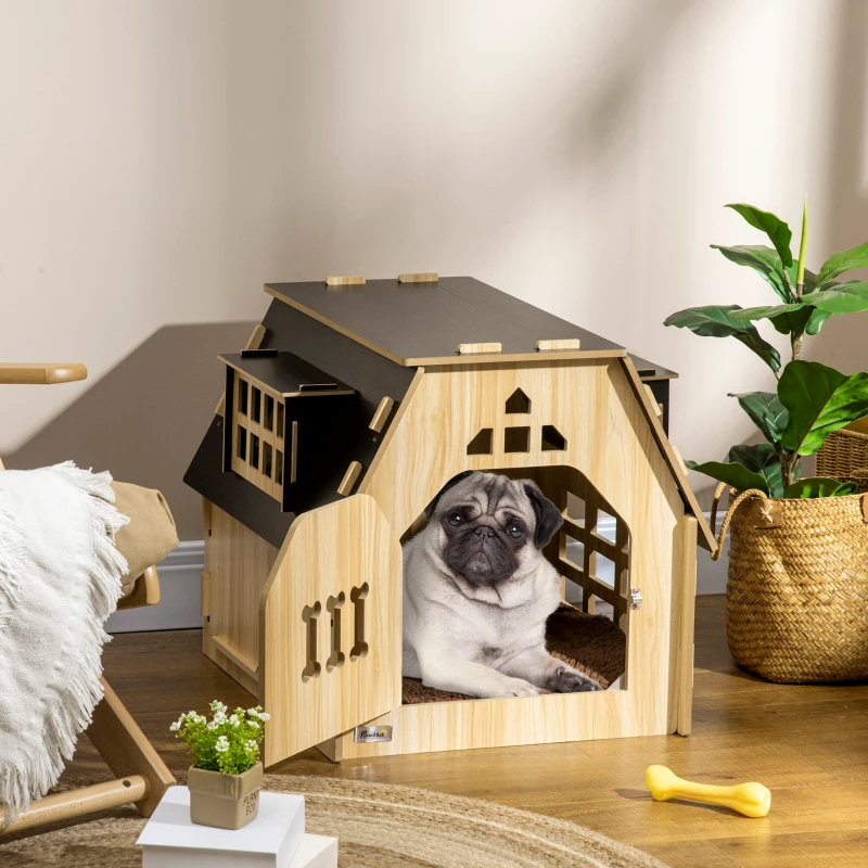 PawHut Cottage Design Small Dog House Indoor with Roomy Interior, Cute Wooden Pet Homee with Windows, Lockable Door with Bone Shape, for Small Sized Dog, Oak