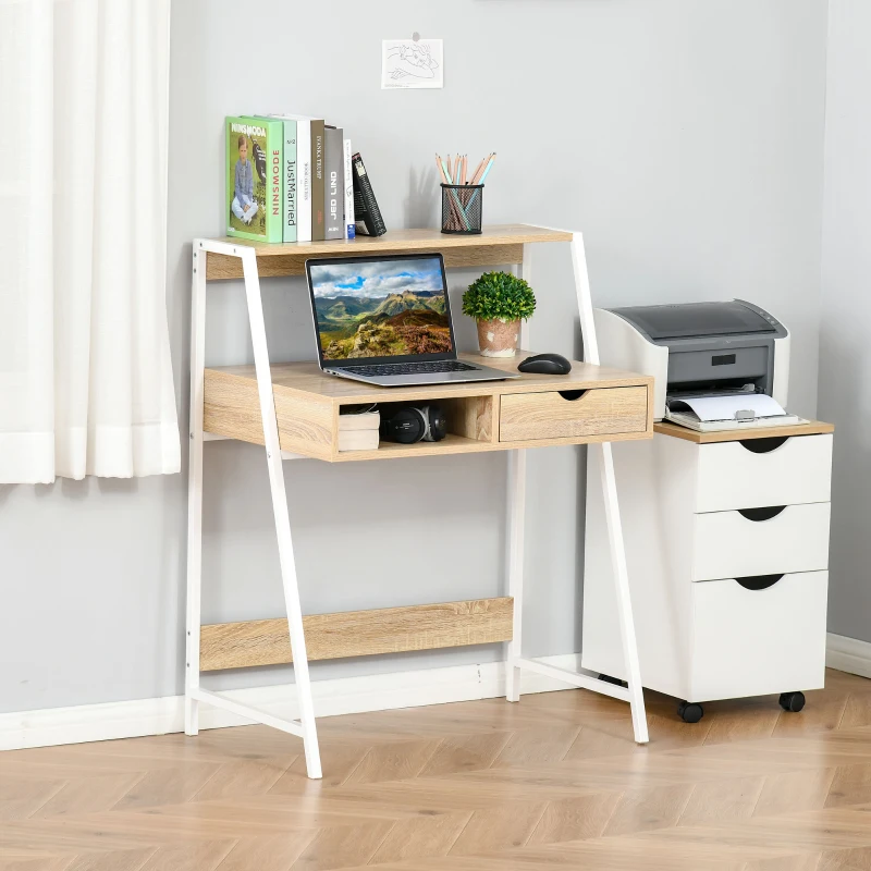 HOMCOM Home Office desk, Computer Desk for Small Spaces, Study Table with Drawer and Storage Shelves, Natural