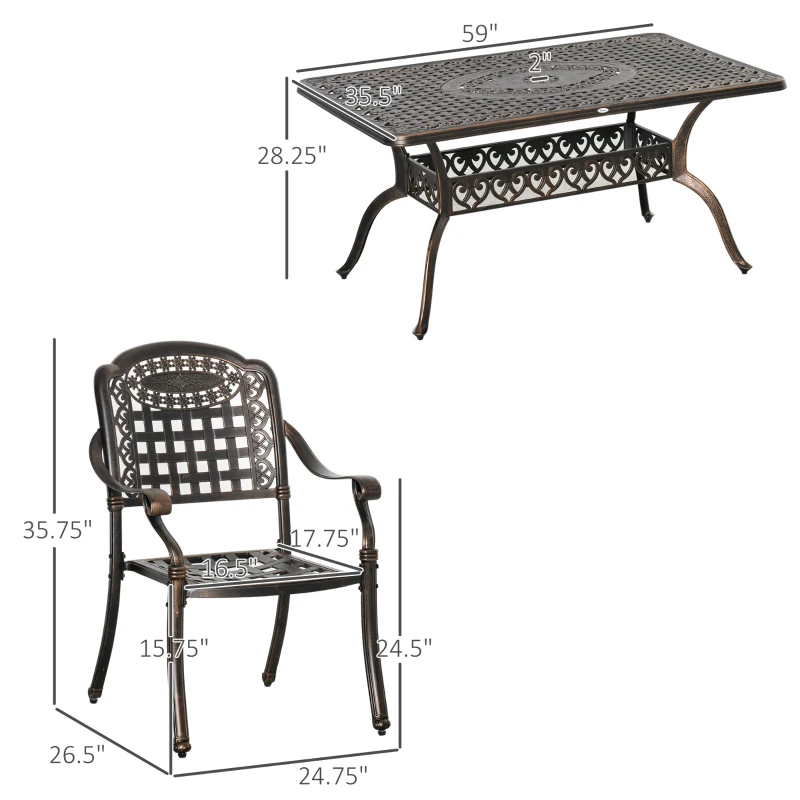 Outsunny 7-Piece Patio Dining Set, Cast Aluminum Outdoor Furniture Set with 6 Armchairs, 1 Table and Umbrella Hole, Bronze