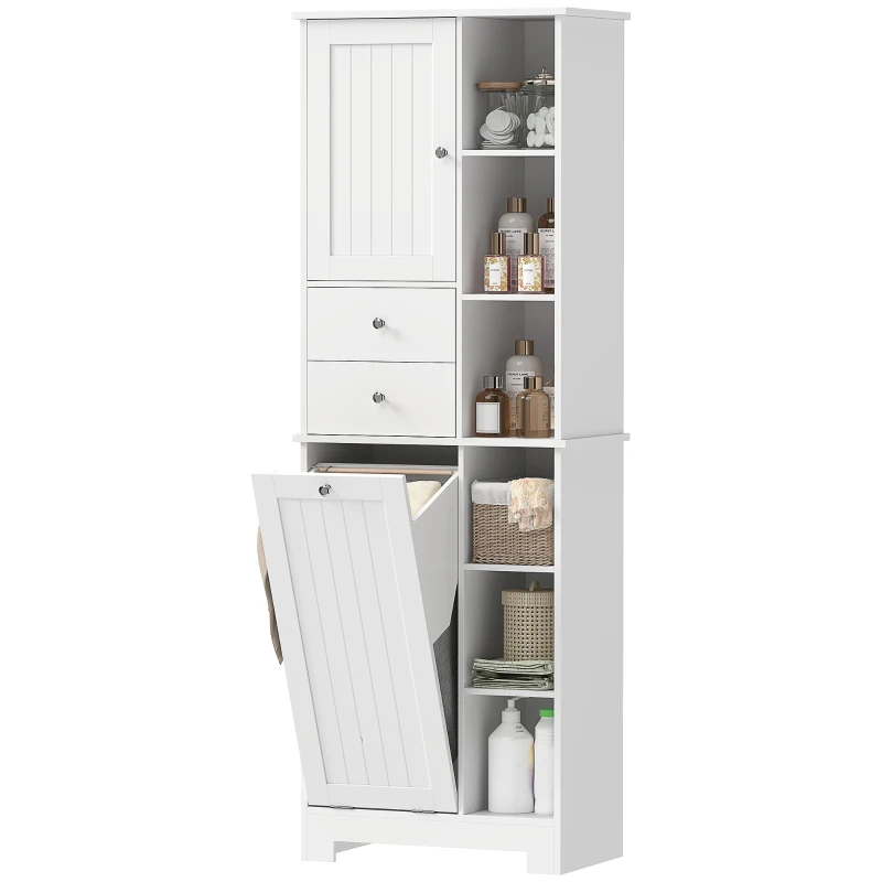 HOMCOM 67" Tall Bathroom Storage Cabinet, Slim Bathroom Cabinet with Tilt-Out Laundry Basket, White