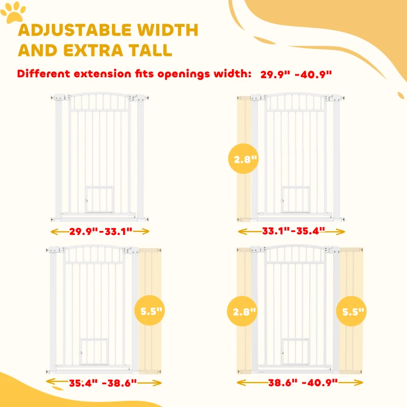 PawHut 30"-41" Extra Wide Walk Through Dog Gate w/ Cat Door, 3-Inch & 5.5-Inch Extension Kits, 42" High