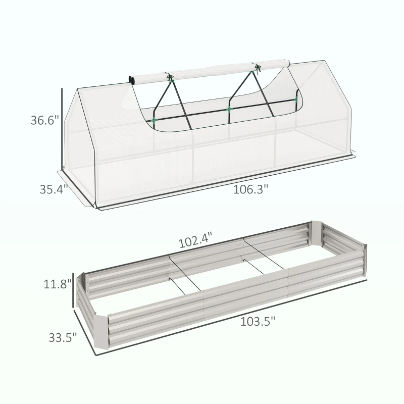 Outsunny 8.6 x 3 x 1ft Metal Planter Box with Mini Greenhouse, Galvanized Raised Garden Bed with Cover, White and Silver