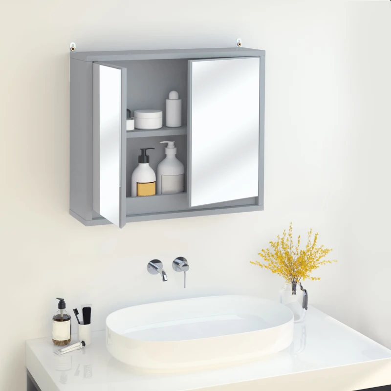 HOMCOM Bathroom Medicine Cabinet, Wall Mounted Mirror Cabinet, Gray