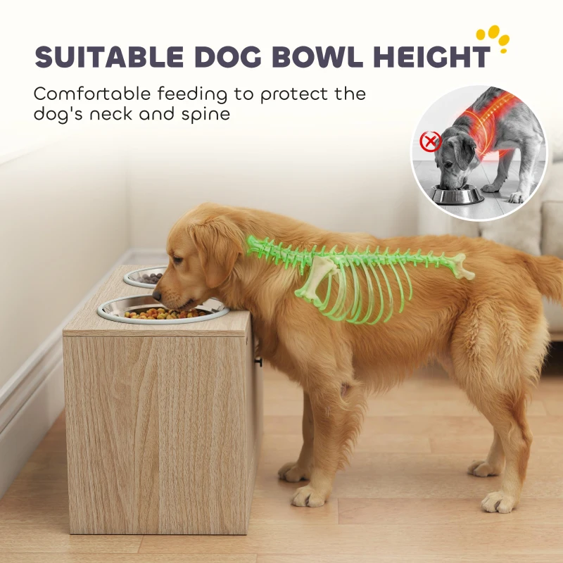 PawHut Elevated Dog Bowls with Storage Cabinet,  2 Stainless Steel Bowls, Slow Feeder, Dog Feeding Station for Large Dogs, Oak