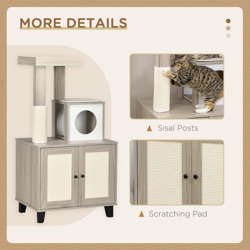 PawHut Cat Litter Box Enclosure Furniture with Cat Tree, Hidden Litter Box with Scratching Post, Bed, Modern Cat House Indoor, Gray