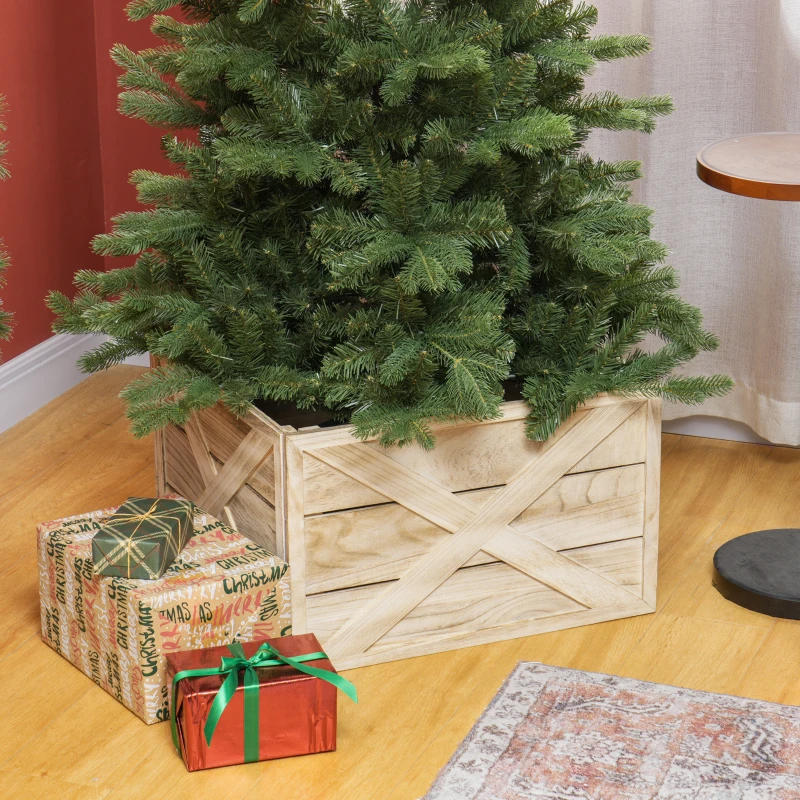 HOMCOM 24" Farmhouse Christmas Tree Base Cover Wooden Christmas Tree Collar Box Home Decoration Light Distressed Wood Finish