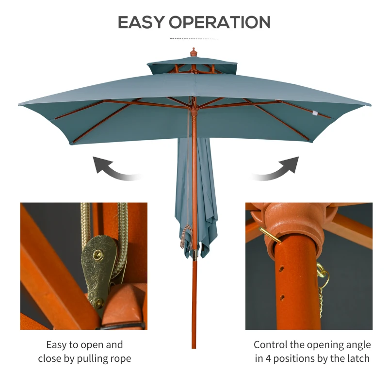 Outsunny 10x10ft Garden Market Parasol Wood Square Patio Umbrella Sunshade Canopy with 2 Pulley Pagoda Style Dark Grey