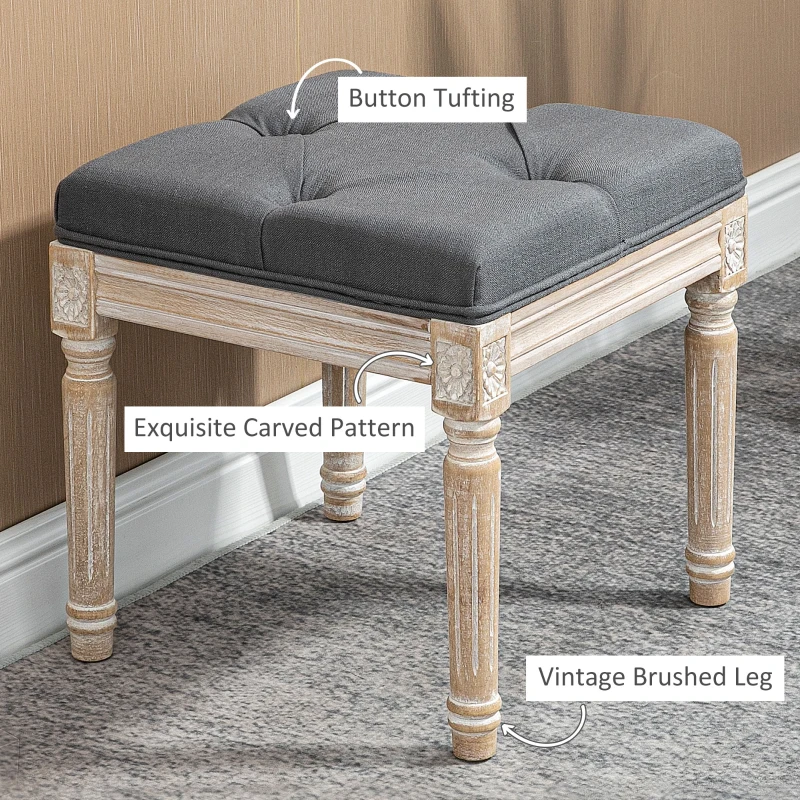 HOMCOM 16" Vintage Ottoman, Tufted Foot Stool with Upholstered Seat, Rustic Wood Legs for Bedroom, Living Room, Gray