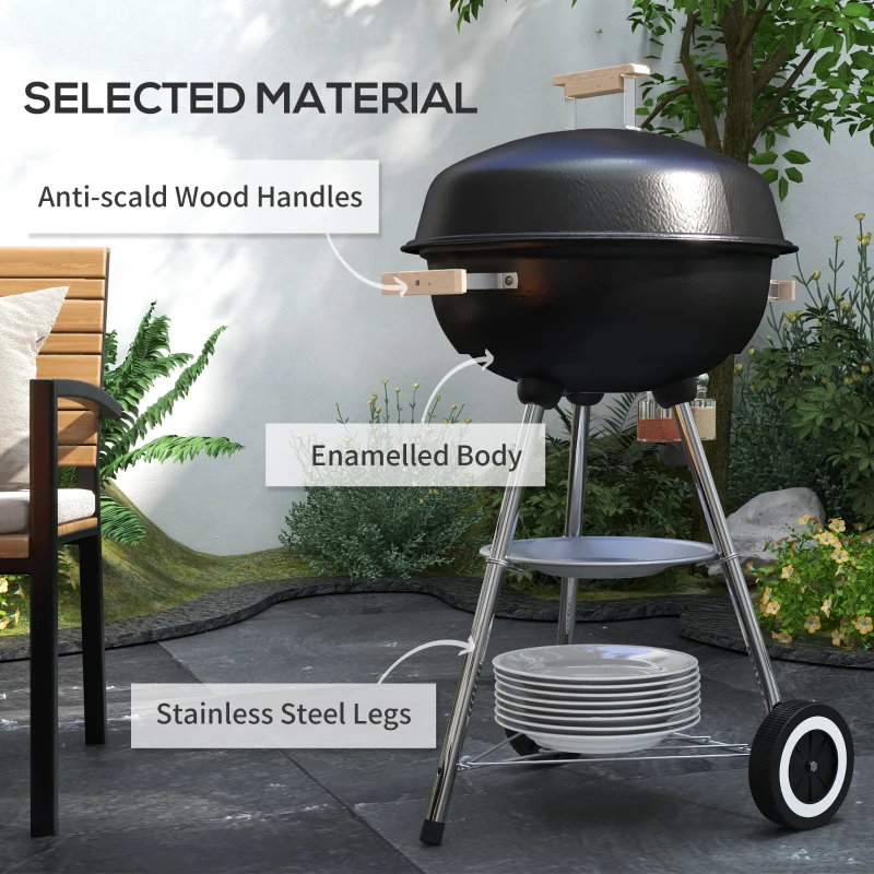 Outsunny Portable Charcoal BBQ Grill, Steel Outdoor Camp Picnic Cooker with Lid, Air Vents, Wheels and Storage Shelf, Black