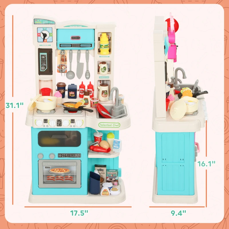 Qaba Kids Play Kitchen Toy Set, Chef Pretend Kitchen Playset with Real Lights & Sounds, 92 Pcs Toy Food, Ages 3-6, Green