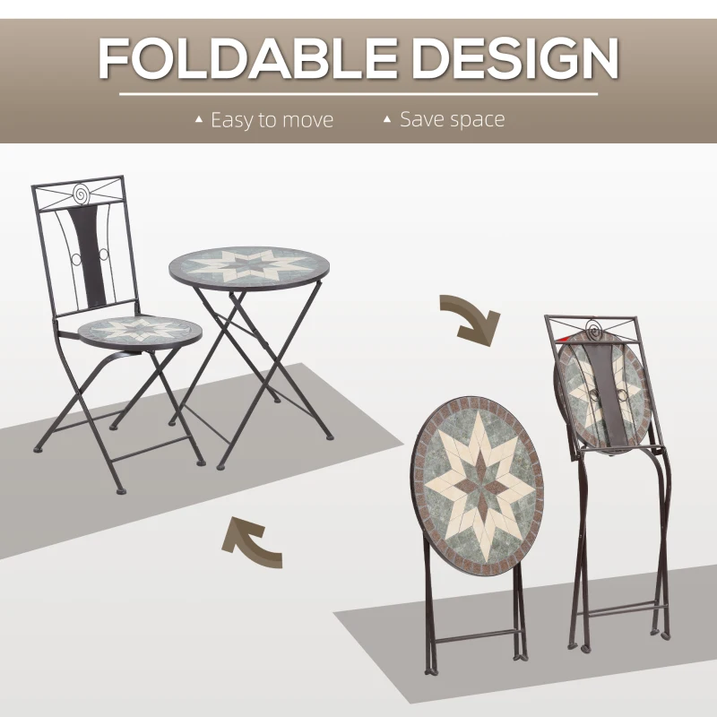 Outsunny 3 Piece Patio Bistro Set, Mosaic Pattern Metal Folding Chairs, Foldable Outdoor Dining Table for Decor, Garden, Poolside, Porch, Brown