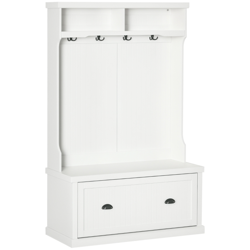 HOMCOM 64.5" H Hall Tree with Storage Drawer & Top Shelf, Coat Rack Wooden Entryway Storage Bench Hall Tree Hallway Clothes Bag Coat Rack 4 Hooks, White