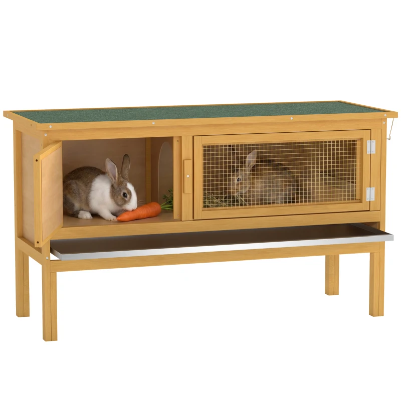 PawHut Wooden Rabbit Hutch, Indoor Outdoor Bunny Cage with Slide-Out Tray and Openable Roof, Small Animal Cage