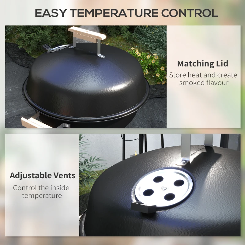 Outsunny Portable Charcoal BBQ Grill, Steel Outdoor Camp Picnic Cooker with Lid, Air Vents, Wheels and Storage Shelf, Black
