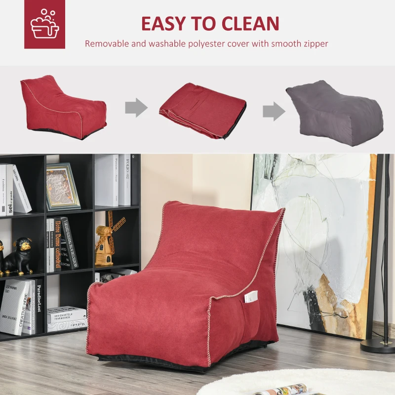 HOMCOM Bean Bag Chair, Stuffed Large Lounger for Indoors, Includes Washable Cover, Side Pockets and Backrest, for Kids and Adults, Wine Red