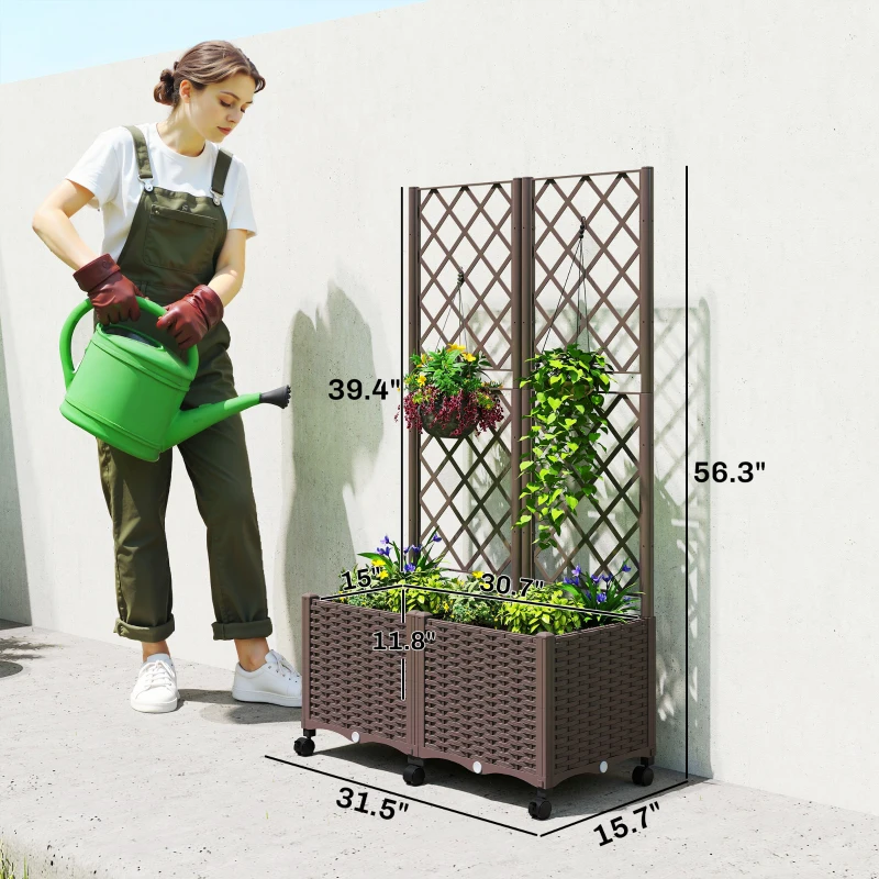 Outsunny Planter Box with Trellis, Self Watering Raised Garden Bed with Lockable Wheels and Drainage Holes, Brown