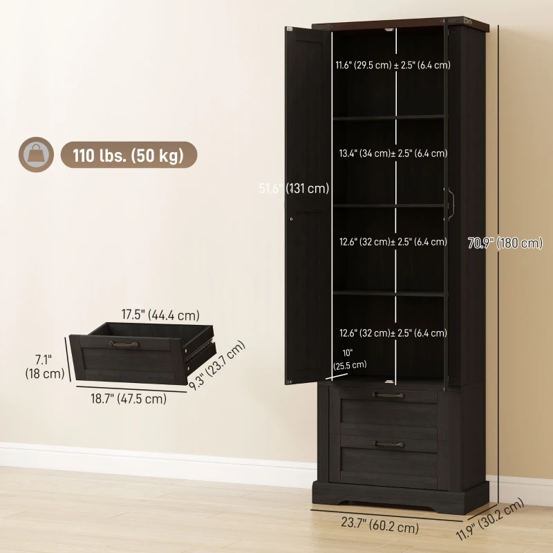 HOMCOM 71" Tall Kitchen Pantry Cabinet, Farmhouse Kitchen Storage Cabinet with 2 Drawer and Adjustable Shelves, Black