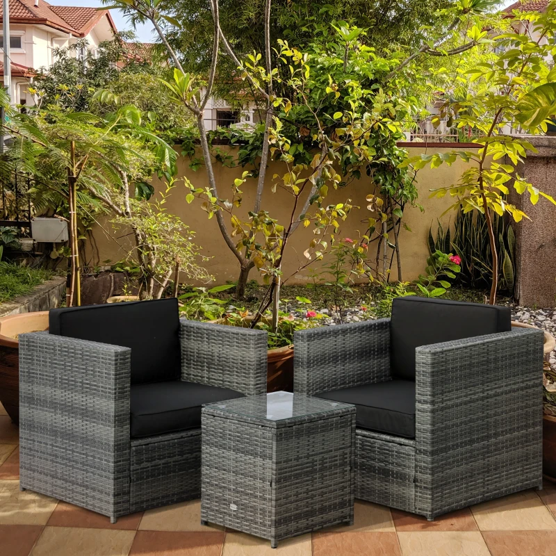 Outsunny Wicker Bistro Patio Set, 2 Porch Chairs & Glass Table, Black