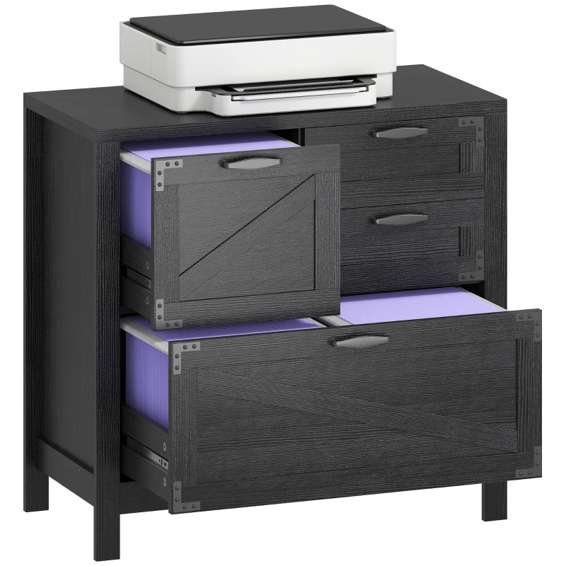 HOMCOM Lateral Filing Cabinet, Farmhouse File Cabinet with 4 Drawers, Fit Letter/A4/Legal Hanging Files, Black Wood Grain
