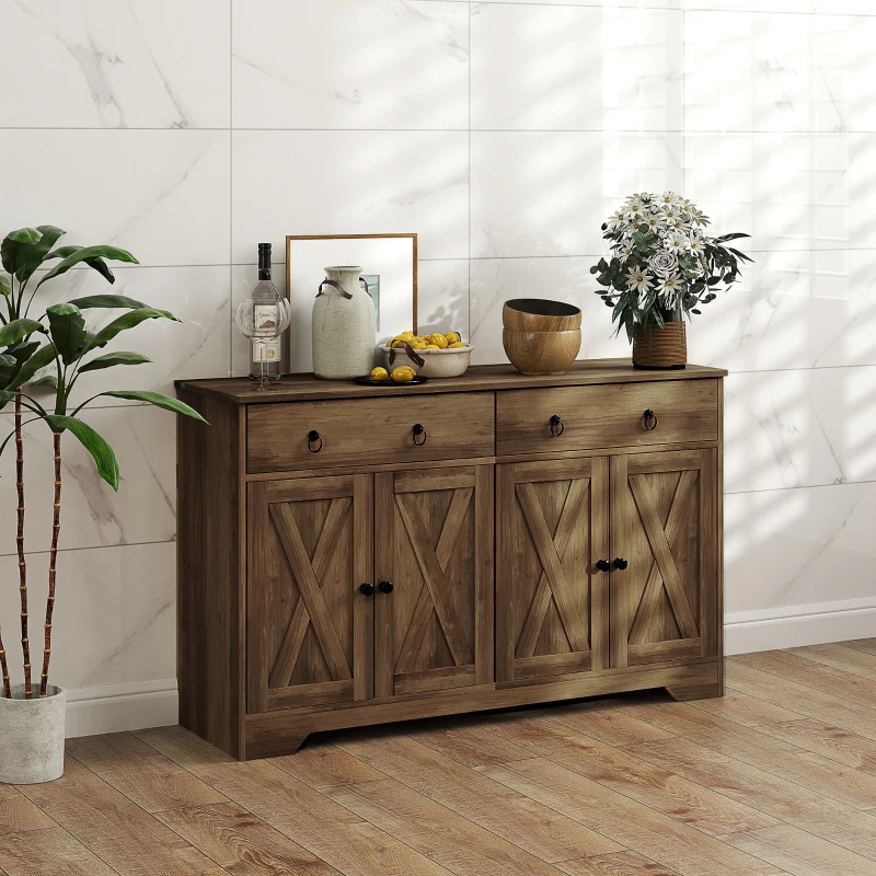 HOMCOM Kitchen Storage Sideboard, Farmhouse Buffet Cabinet with Barn Style Doors, Drawers, Adjustable Shelves, Light Brown