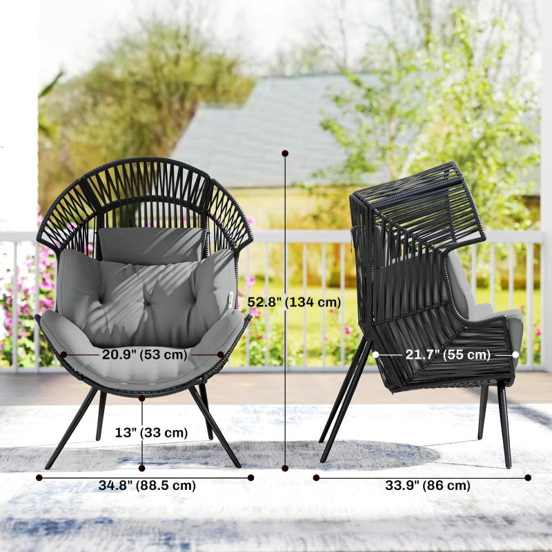 Outsunny Wicker Egg Chair, Indoor Outdoor Rattan Lounge Chair with Thick Cushion and Headrest, Steel Frame, Adjustable Pads, Grey