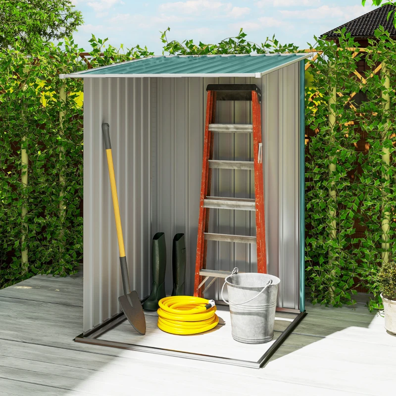 Outsunny 3.3' x 3.4' Lean-to Garden Storage Shed, Outdoor Galvanized Steel Tool House with Lockable Door for Patio Green