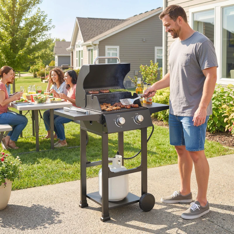 Outsunny 2 Burner Propane Gas Grill with Wheels, 18,400 BTU Portable BBQ Grill with Foldable Side Shelves, Warming Rack, Black