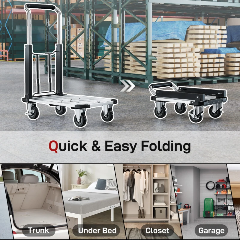 HOMCOM 330 lbs Heavy Duty Hand Truck, Folding Trolley, Dolly with Adjustable Handle and Extendable Platform, Silver and Black
