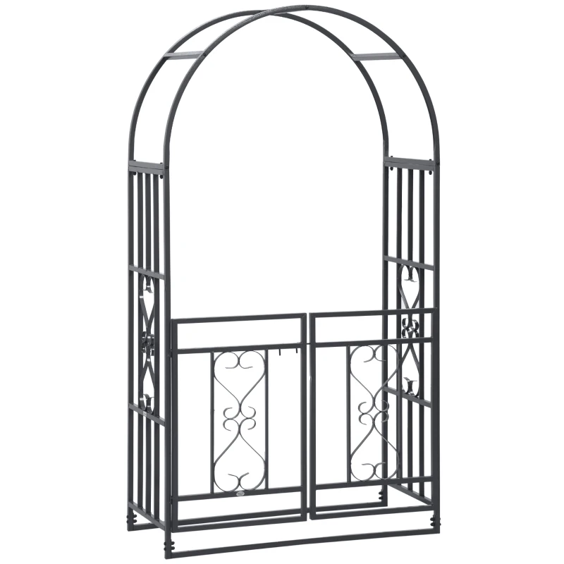 Outsunny 6.7 FT Steel Garden Arch with Gate Outdoor Courtyard Arbor for Climbing Vine Plants Lawn Backyard Decoration Dark Grey